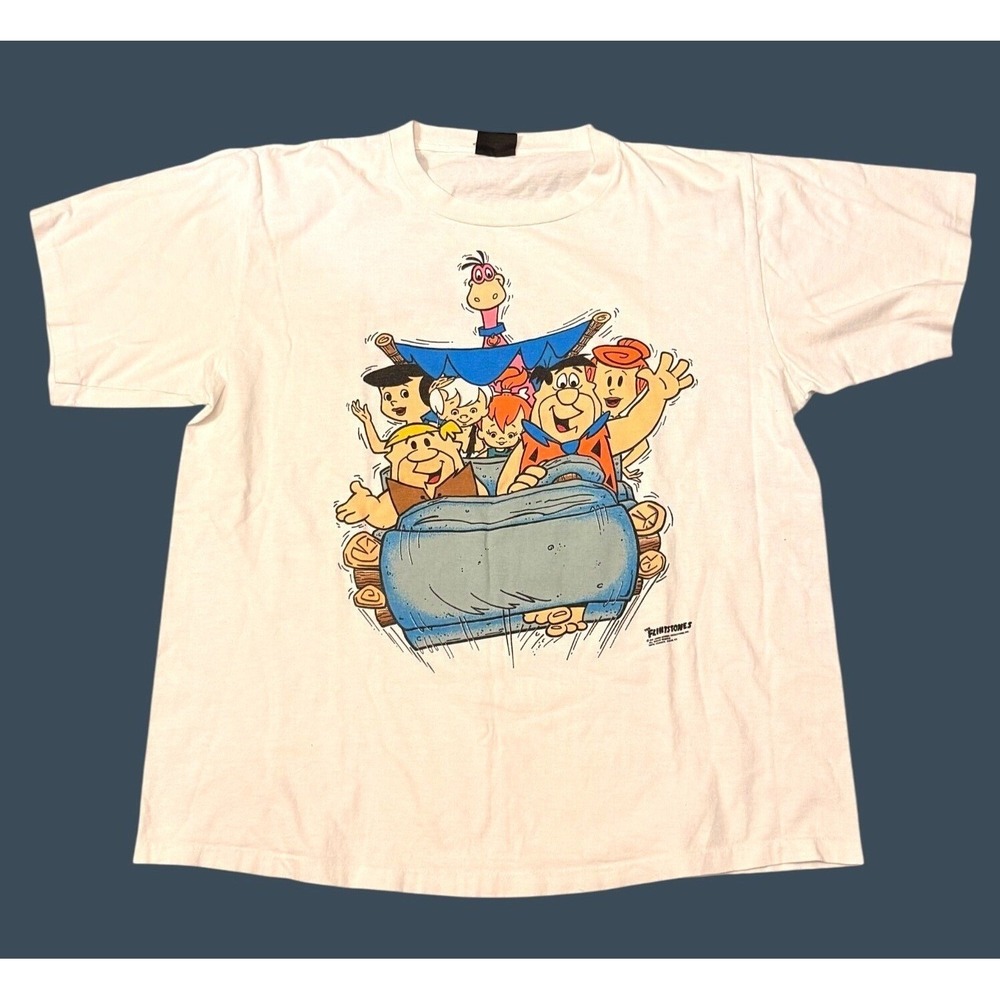Vintage 1991 Flintstones Cartoon T-Shirt‎ White Retro Print Size XL Double Sided
